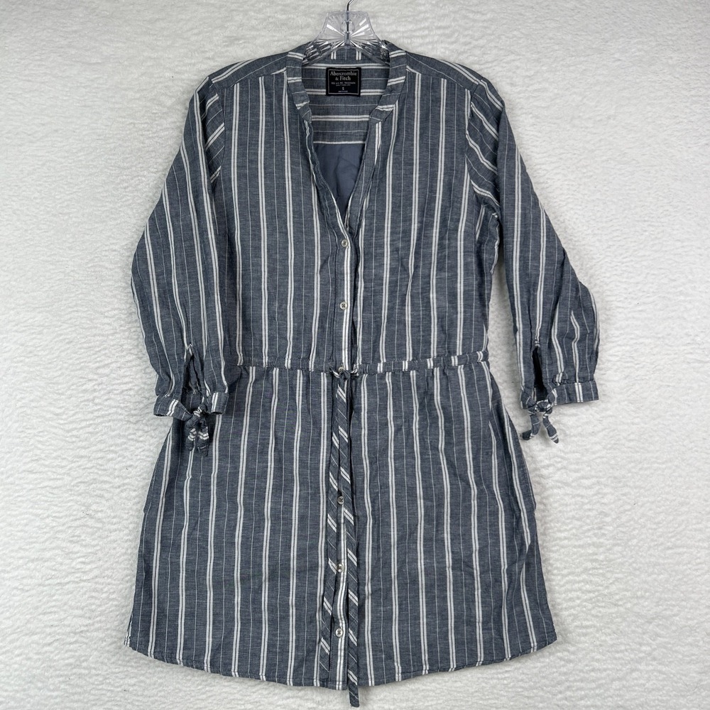 Abercrombie Fitch Tie-front Striped Shirt Dress Sz Small Y2K Cotton Linen Gray